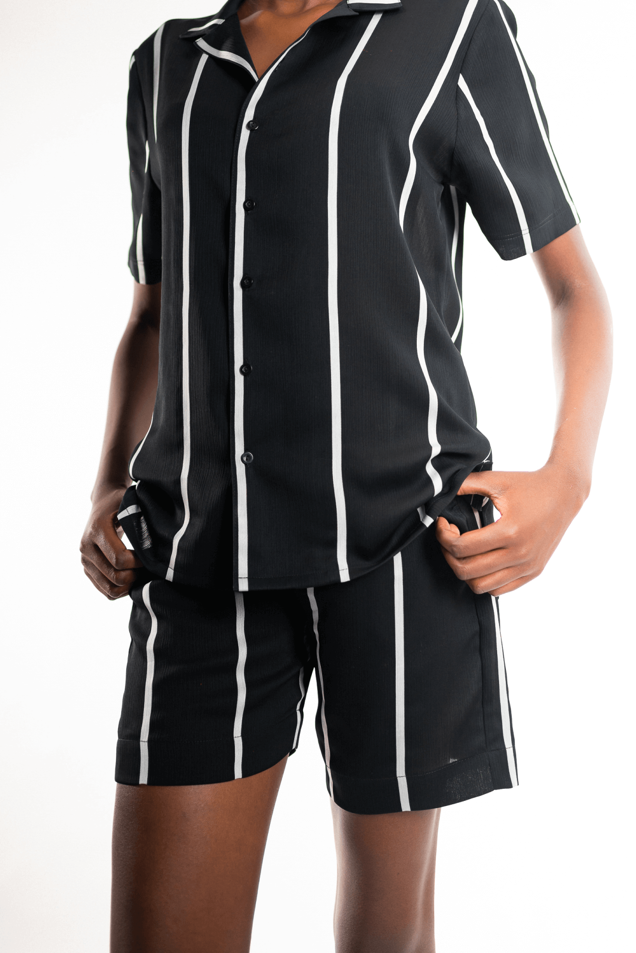 Zoom Stripes Shirt & Shorts Set - Jumpsuits & Playsuits by NC Nairobi. Shop on Arrai now! Shop the trendy NC Nairobi Zoom Stripes Short & Sleeve Shirt Set on Arrai. Made of lightweight fabric with stylish stripes, available in black/silver or grey/silver.