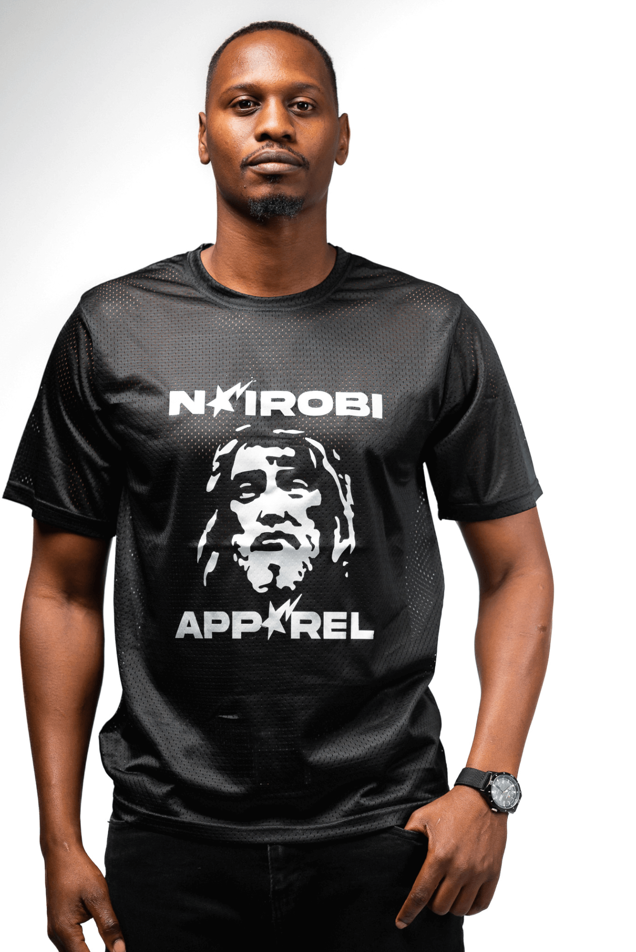 Shop JC Print Jersey Mesh T-Shirt by Nairobi Apparel District on Arrai. Discover stylish, affordable clothing, jewelry, handbags and unique handmade pieces from top Kenyan & African fashion brands prioritising sustainability and quality craftsmanship.