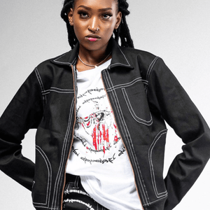 Black denim motorcycle clearance jacket