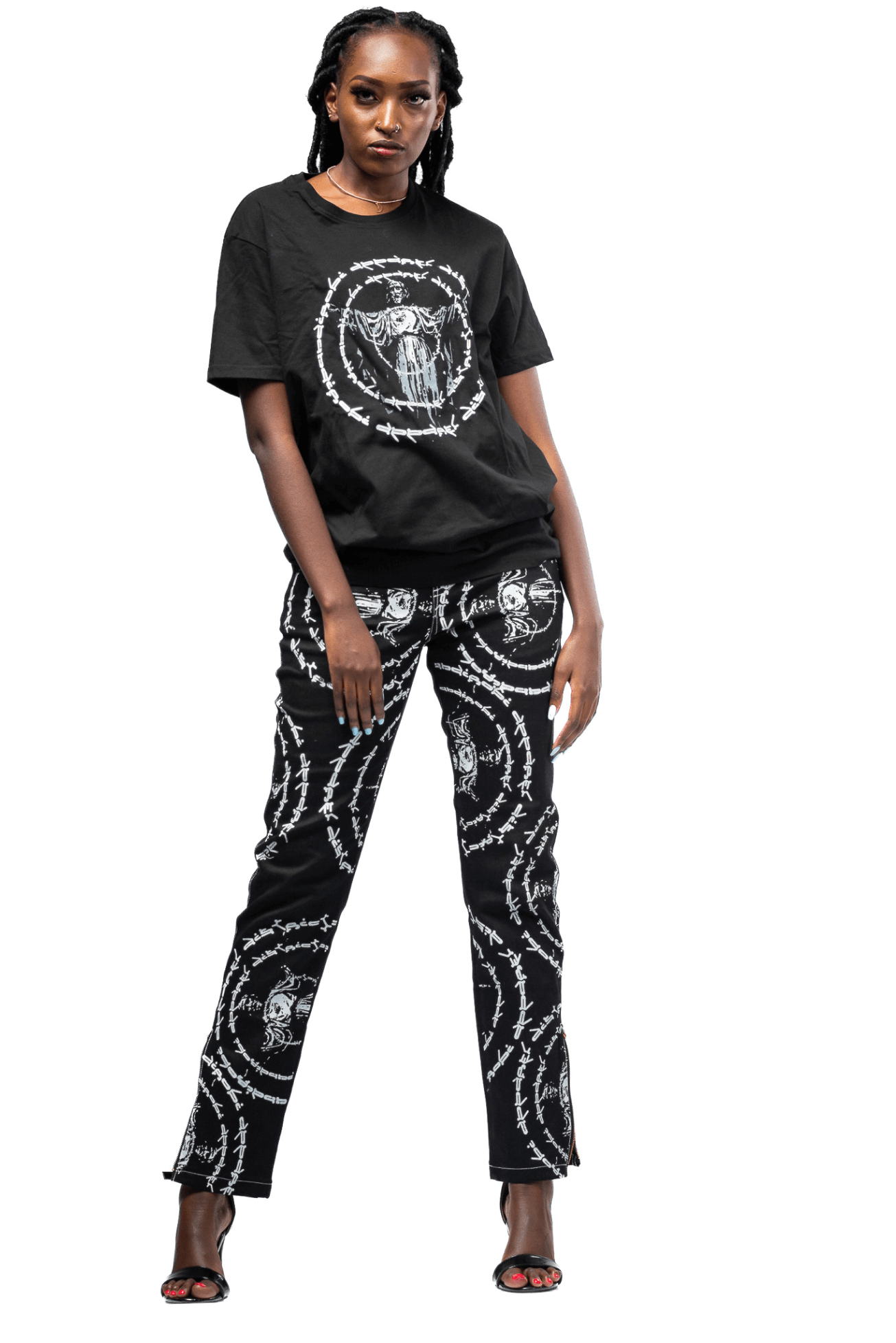 Shop JC Full Circle Black Printed T-Shirt by Nairobi Apparel District on Arrai. Discover stylish, affordable clothing, jewelry, handbags and unique handmade pieces from top Kenyan & African fashion brands prioritising sustainability and quality craftsmans