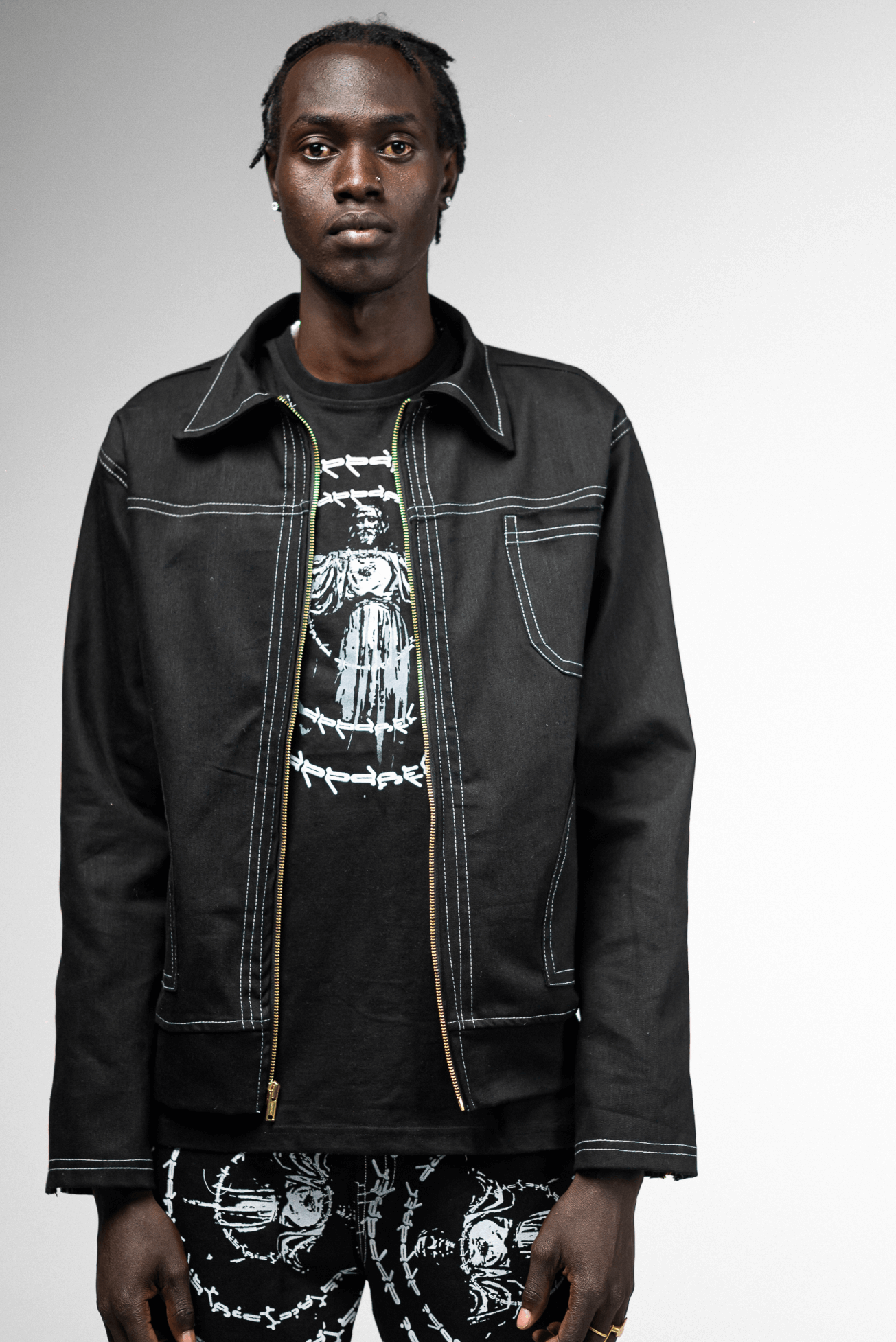 Black denim jacket sales white stitching mens